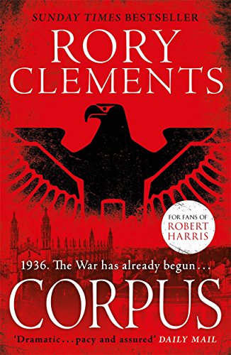"Book cover with red background, black eagle, and white text reading 'Rory Clements Corpus'."