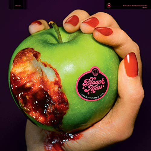 Hand holding a bitten green apple with a Blanck Mass logo.