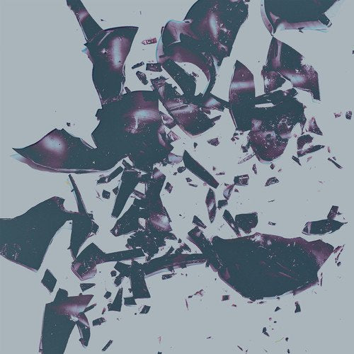 A broken mirror with shards on a gray background, reflecting purple and blue hues.