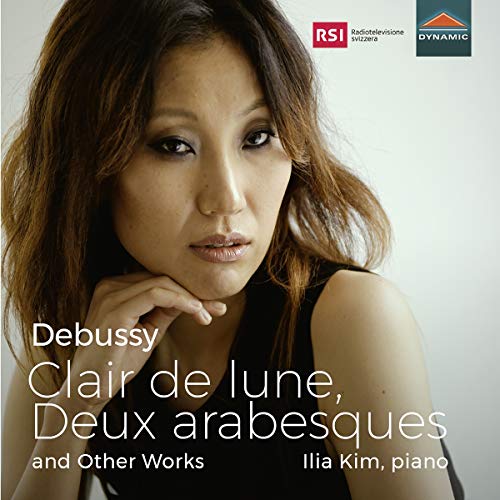 CD cover featuring pianist Ilia Kim and text “Debussy Clair de lune”.