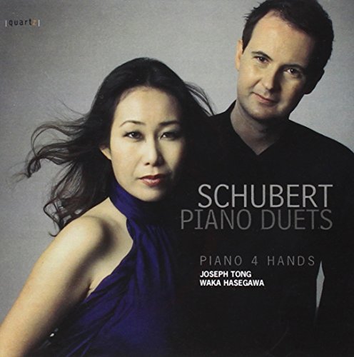 A man and woman on a CD cover with "Schubert Piano Duets" text.