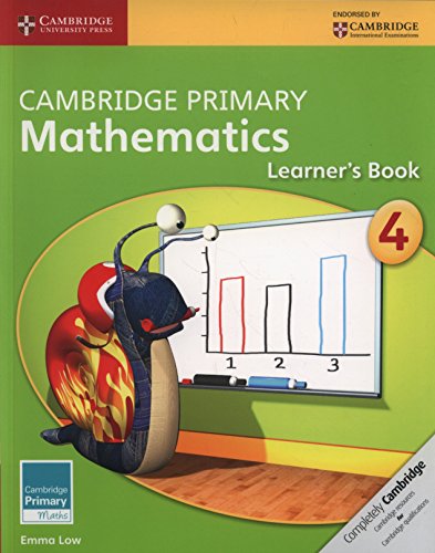 "Green textbook cover with cartoon snail and bar graph, titled 'Cambridge Primary Mathematics'."