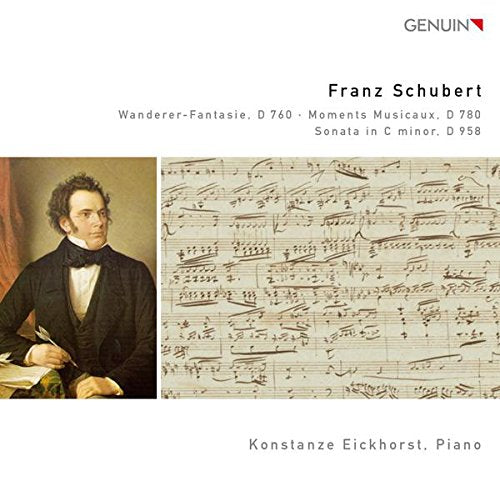 "CD cover featuring a portrait of Franz Schubert and sheet music on a white background."