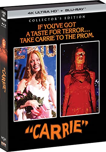 Carrie" Blu-ray case featuring Sissy Spacek in prom dress and covered in blood.