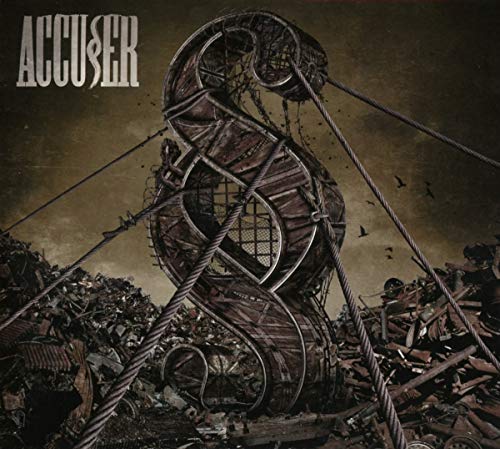 "Album cover art featuring a twisted treble clef amidst a pile of metal debris."
