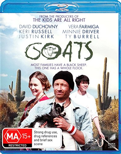 Goats" Blu-ray cover featuring cast members in a desert landscape.