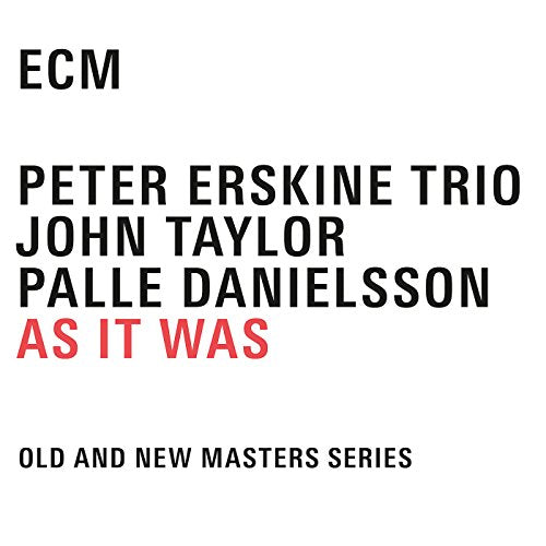 "Album cover with white background, black and red text, featuring 'Peter Erskine Trio'."