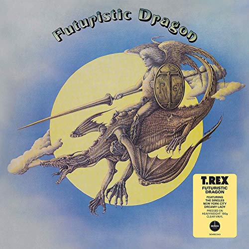 T. Rex album cover: knight riding a dragon against a yellow sun.