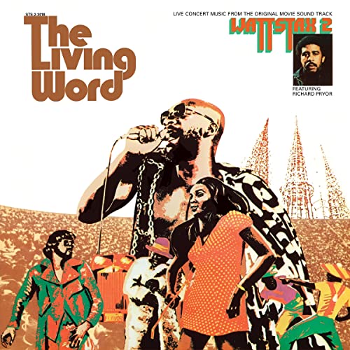 Album cover for "The Living Word: Wattstax 2" featuring musicians and a crowd.