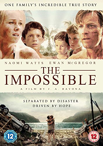 DVD cover for "The Impossible" featuring a family amidst disaster wreckage.