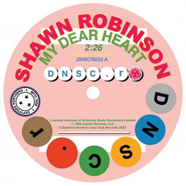 Colorful 7-inch vinyl record label featuring text and abstract circular designs.