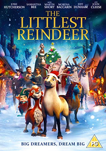 "The Littlest Reindeer" DVD cover featuring animated reindeer, Santa, and people in a snowy scene.