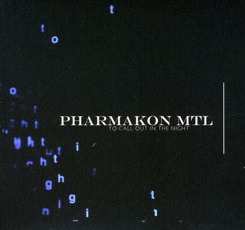 Dark album cover with white text "Pharmakon MTL" and scattered blue letters, Amazon logo overlay.