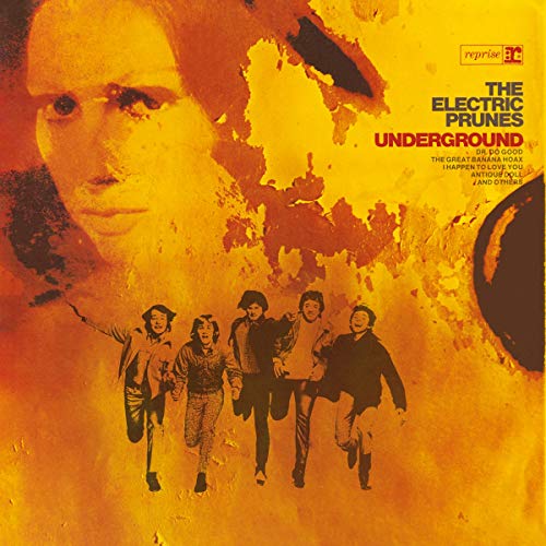 Vinyl record cover with orange background, a face, and running figures.