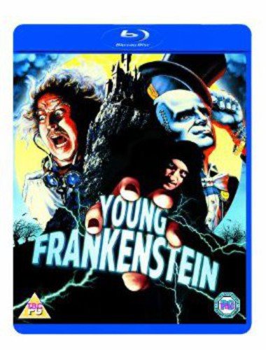 Young Frankenstein Blu-ray cover featuring the main cast, a castle, and lightning effects.