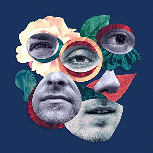 Collage of human facial features and floral elements on dark blue.