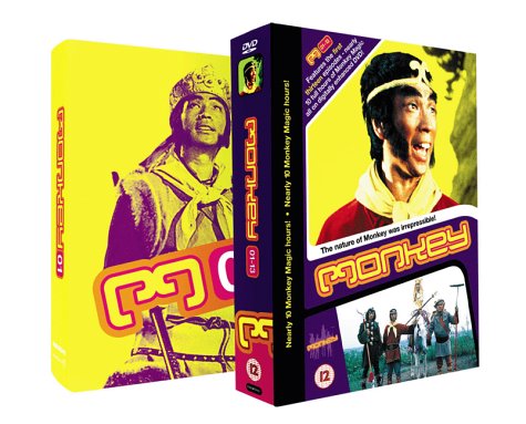 "Monkey Box 1 DVD case with bright yellow and purple cover art featuring a man."
