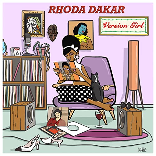 Illustration of a woman with records, speakers, and framed photos.