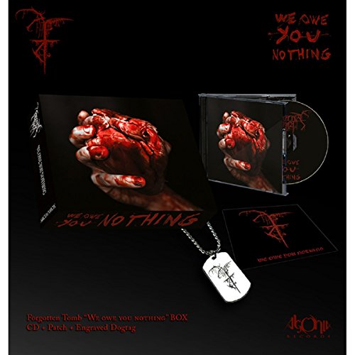 "CD case and disc with a bloody fist, dog tag, and patch on a black background."