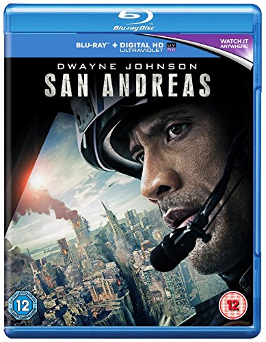 San Andreas" Blu-ray cover featuring Dwayne Johnson amidst a disaster scene.