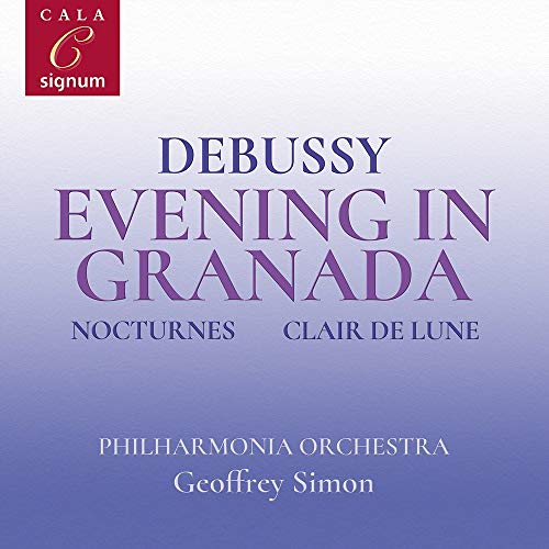 "CD cover with blue-purple gradient background and text 'Debussy Evening in Granada'."