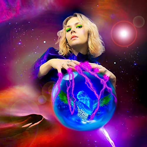 Blonde woman holding a glowing orb with a figure inside.