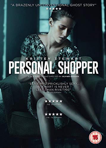 DVD cover for "Personal Shopper" starring Kristen Stewart in a sparkly dress.