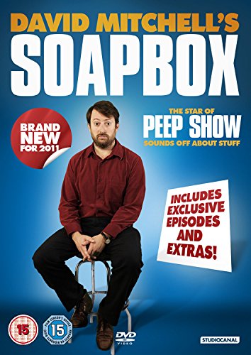 David Mitchell sits on a stool against a blue background on this DVD cover.