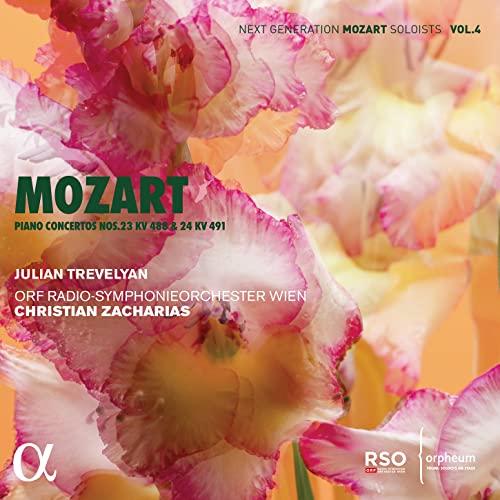 CD cover for Mozart piano concertos featuring close-up floral imagery.