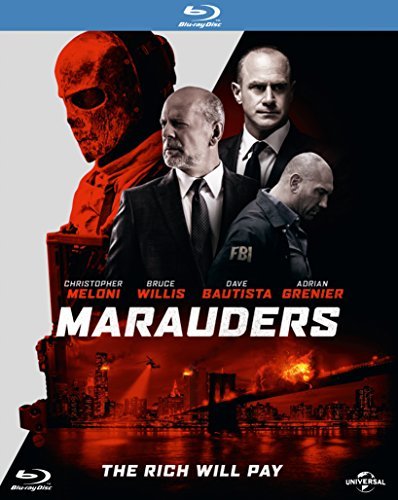 "Blu-ray cover for 'Marauders' featuring three men and a masked figure, with cityscape."