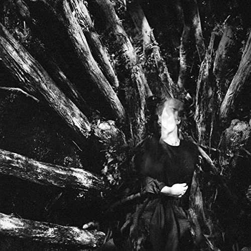 Black and white album cover featuring a person amidst tree roots.