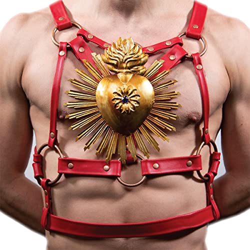 Red leather harness with a golden, ornate heart centered on a torso.
