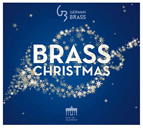 "Blue album cover with 'Brass Christmas' text, surrounded by gold stars and logos."