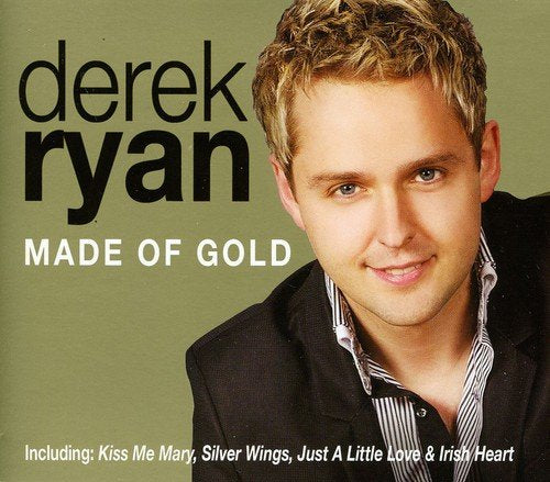 "Derek Ryan's 'Made of Gold' CD cover featuring a man in a suit against a green background."