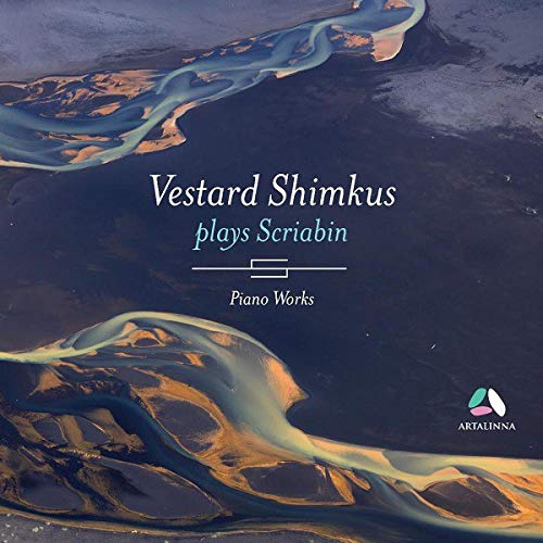 "CD cover with abstract river landscape and white text 'Vestard Shimkus plays Scriabin Piano Works'."