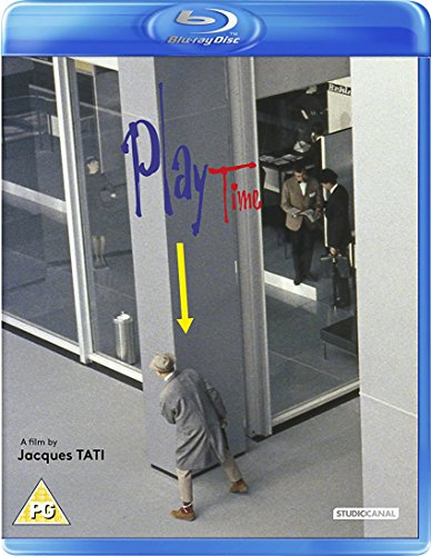Playtime" Blu-ray cover featuring a man looking up in a modern building.