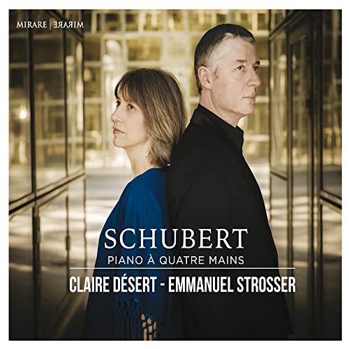 CD cover featuring two people and text "Schubert, Piano à Quatre Mains".