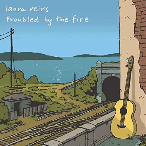 "Album cover art featuring a guitar by train tracks near a body of water."