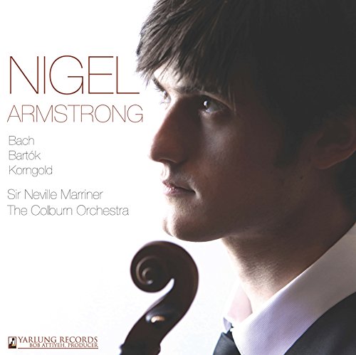 "CD cover featuring a man holding a violin scroll, with text and logo."