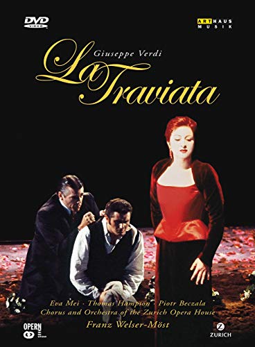 DVD cover for "La Traviata" featuring a woman in red and two men.