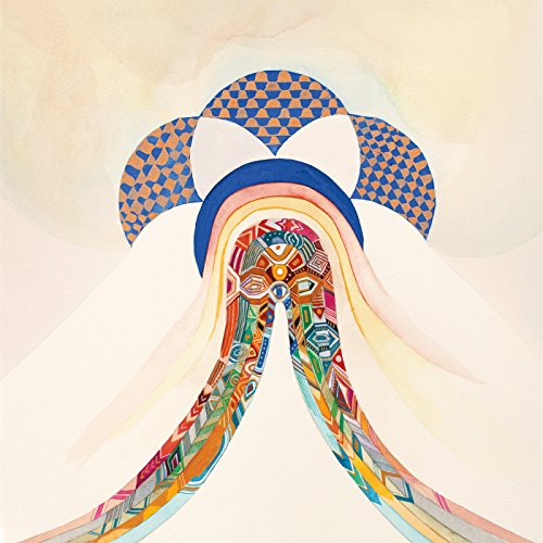 Abstract album cover with colorful geometric shapes and flowing lines.