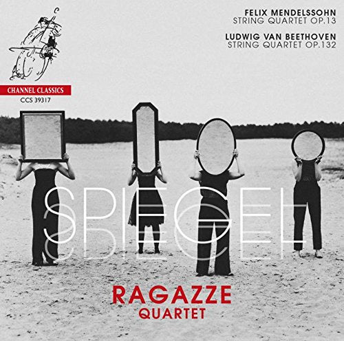 Black and white image of three women holding mirrors on a beach, with red text.