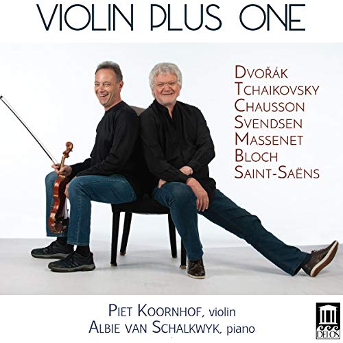 The image depicts the cover of a CD titled "Violin Plus One" featuring two men. * The title is prominently displayed at the top in black text. * The two men are seated on a bench, with the man on the left holding a violin and bow, while the man on the right has his arm around him. * The man on the left is wearing a black shirt and blue jeans, while the man on the right is also dressed in black attire. * The background of
