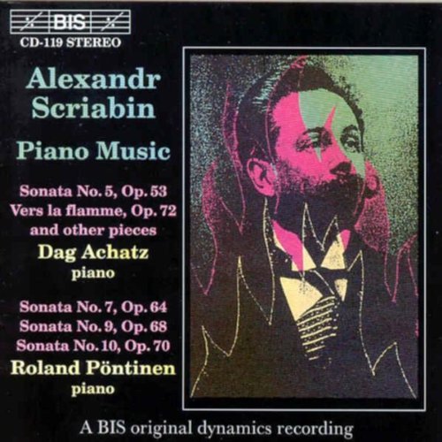Black CD cover with portrait of man and text listing piano music and performers.