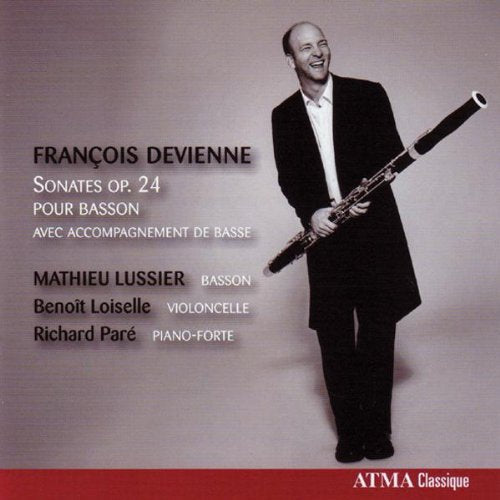 CD cover with man holding bassoon, names, and text on gray background.