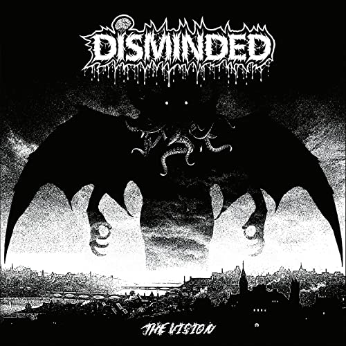 Black and white album cover featuring a winged, monstrous figure over a city.