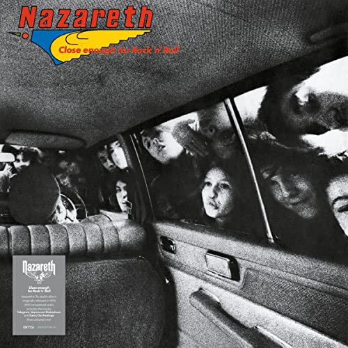 Nazareth album cover: black and white image of people in a car.