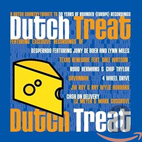 "CD cover with 'Dutch Treat' title, yellow envelope, and artist names on blue background."