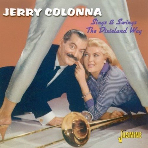 "Album cover featuring a man and woman, with a trombone, on a peach background."