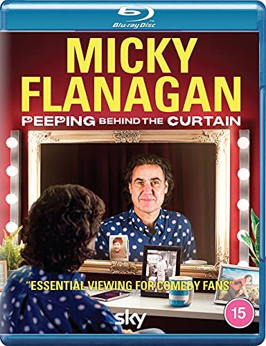 Blu-ray cover for Micky Flanagan's "Peeping Behind the Curtain" comedy special.
